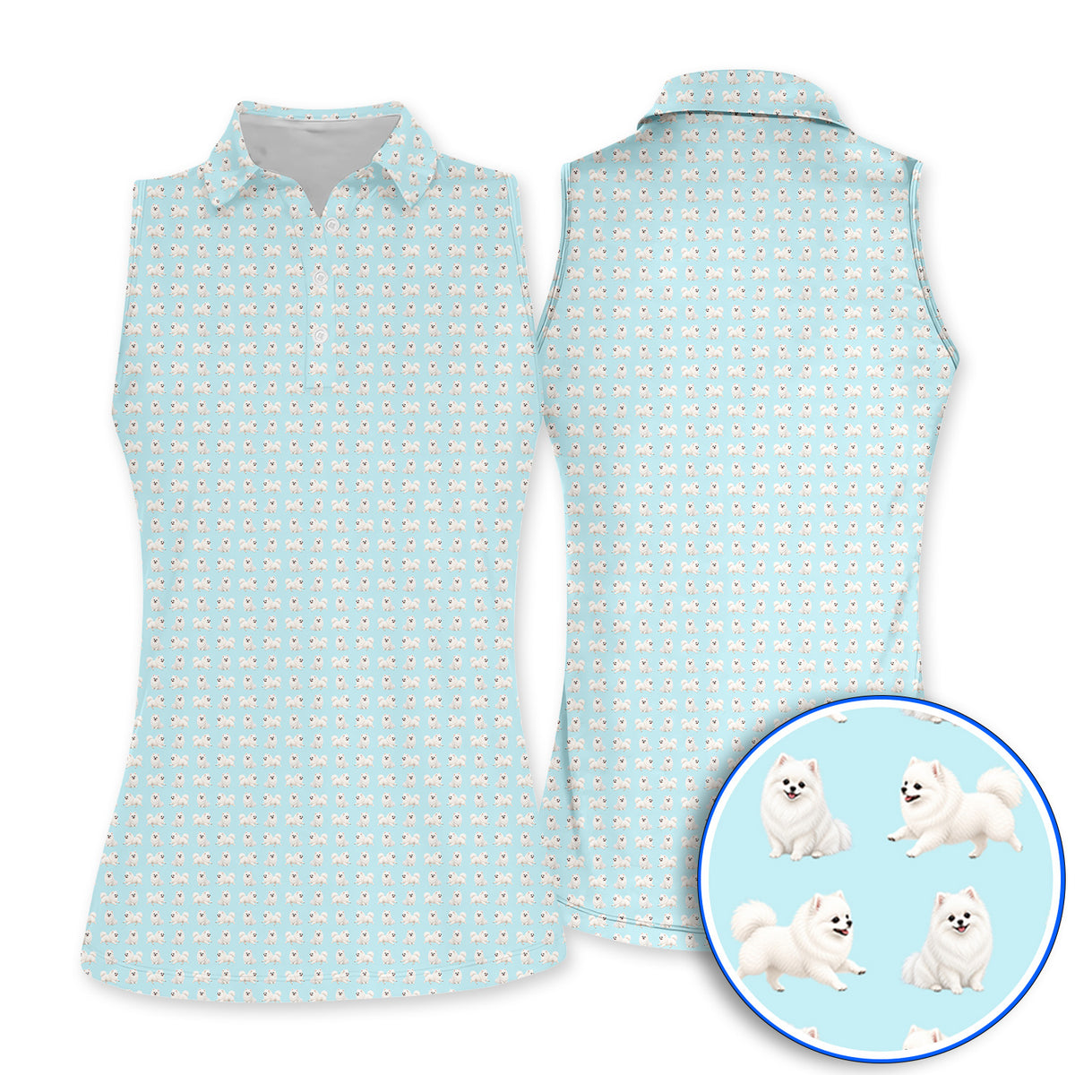 White Pomeranian Pattern Golf Polos, Cute Pomeranian Dog Golf Shirt, Crazy Golf Gift For Golfer