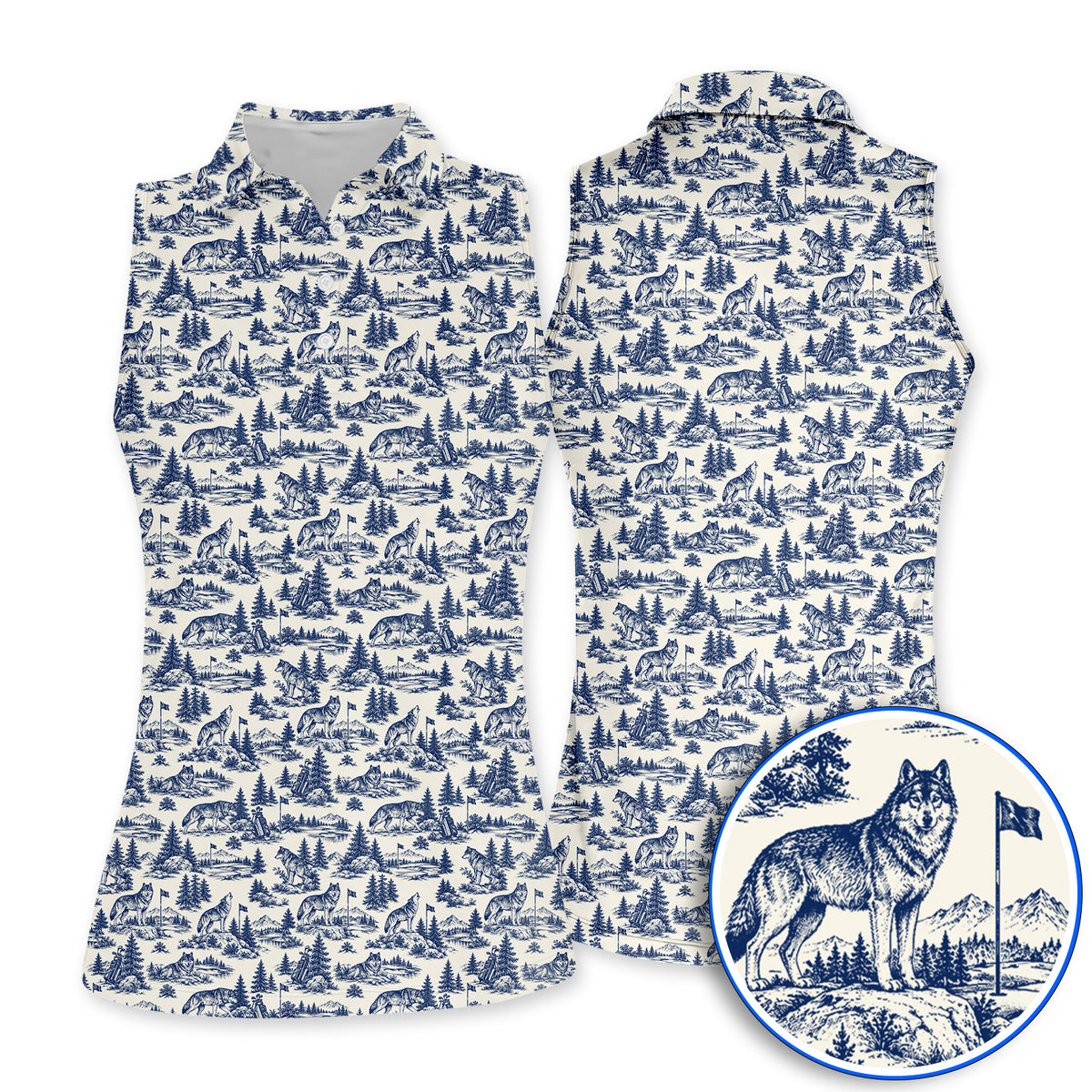 Vintage Wolf Golf Polos, Wilderness Wolf Pattern Golf Shirt, Nature Inspired Golf Gift for Golfers