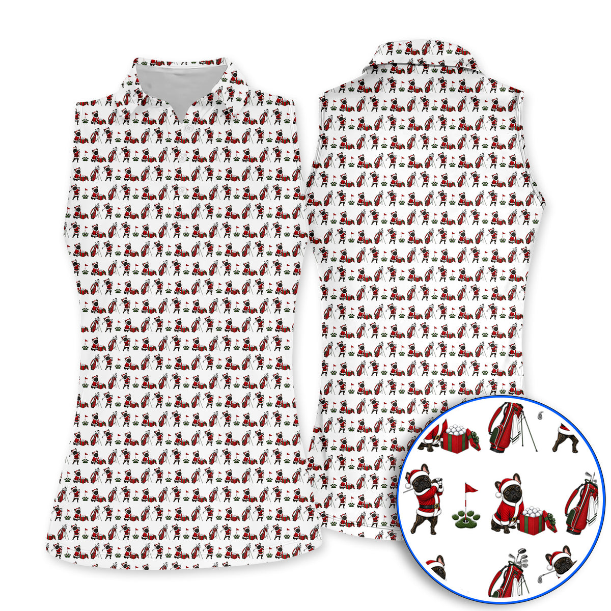 Christmas French BullDog Pattern Golf Polos, Funny Santa French BullDog Holiday Golf Shirt, Xmas Golf Gift For Golfers