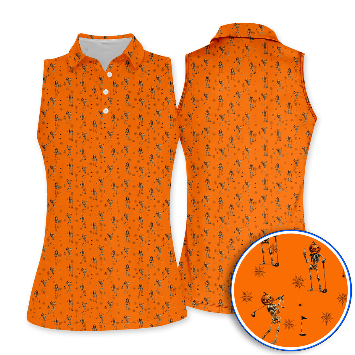 Halloween Skeleton Golf Polos, Pumpkin Head Pattern Golf Shirt, Funny Golf Gift for Golfer
