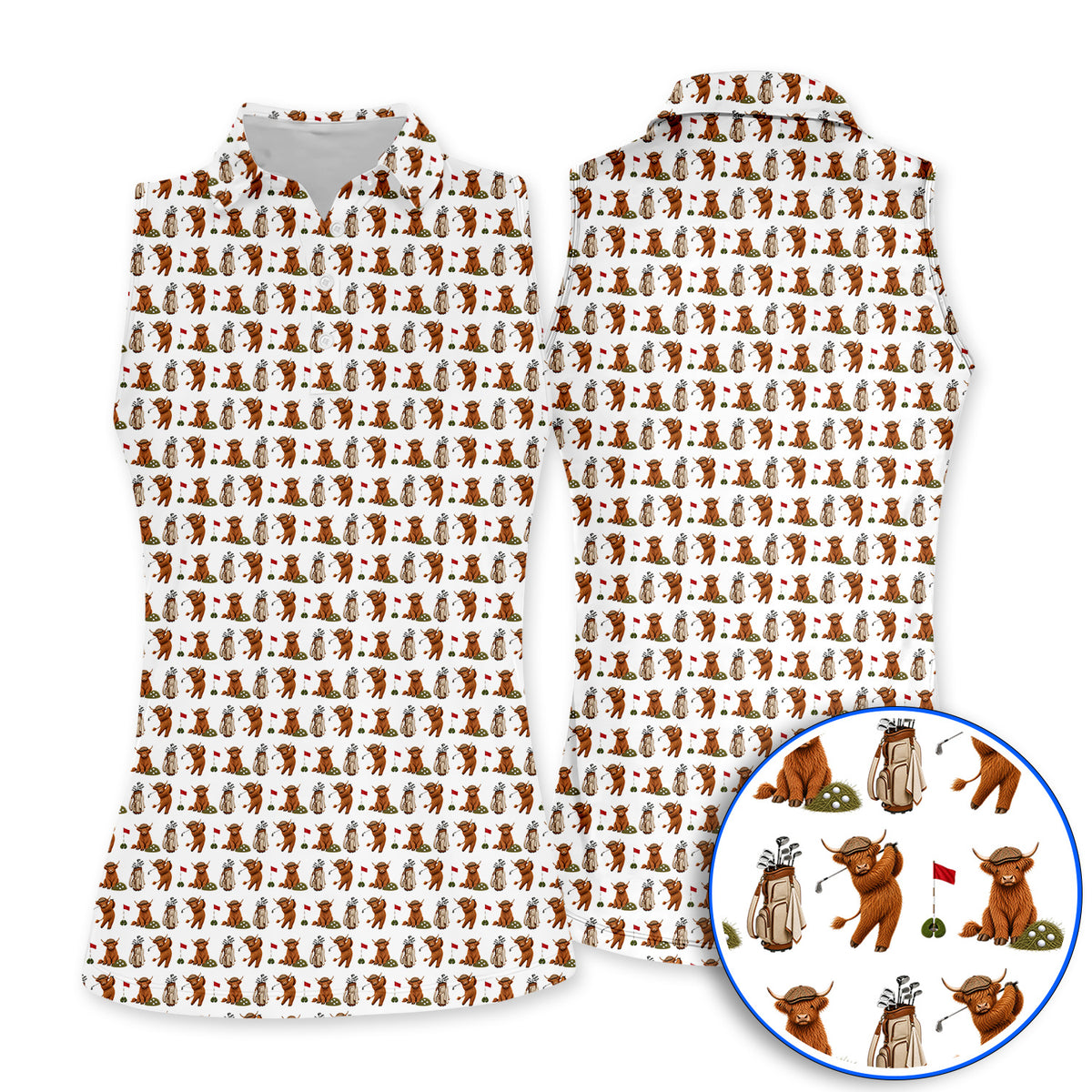 Funny Highland Cow Golf Polos, Highland Cow Pattern Golf Shirt, Golf Gift For Golfer