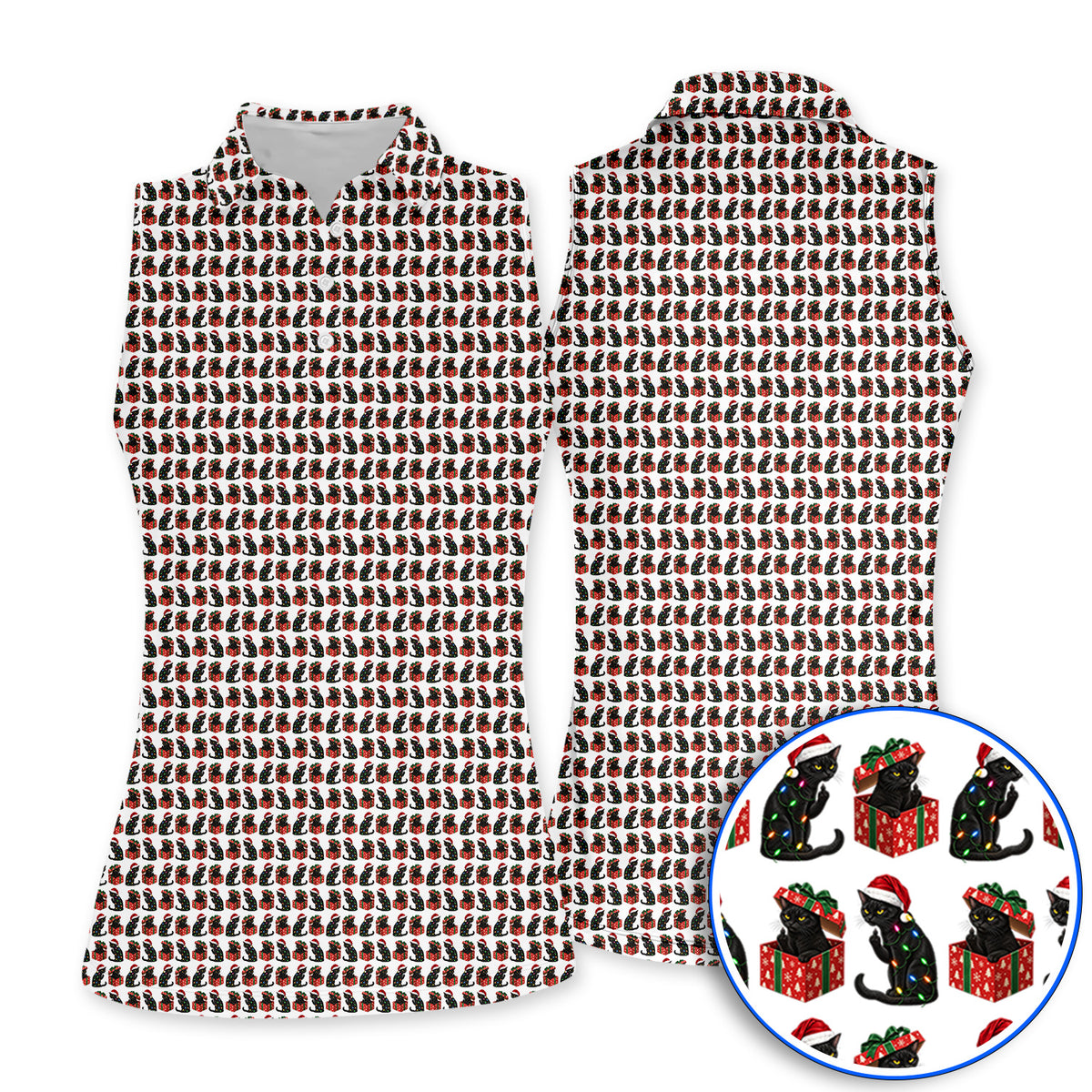 Black Cat Christmas Pattern Golf Polos, Funny Christmas Cat Golf Shirt, Holiday Gift for Cat Lovers