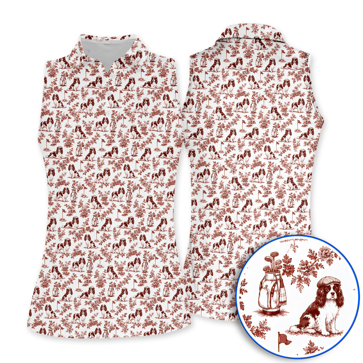 Funny Cavalier King Charles Spaniel Golf Polos, Toile de Jouy Cavalier Pattern Golf Shirt, Golf Gift For Golfer