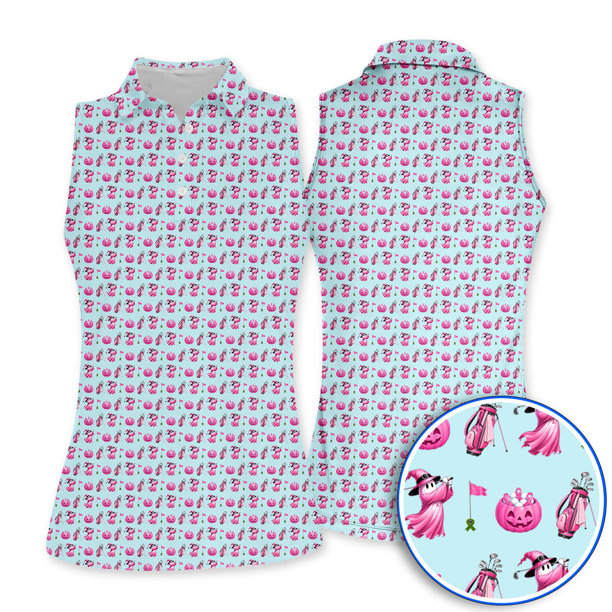 Pink Pumpkin Swing Breast Cancer Awareness Golf Shirt, Halloween Golf & Pink Ribbon Pattern Polos, October Golf Gift For Golfer