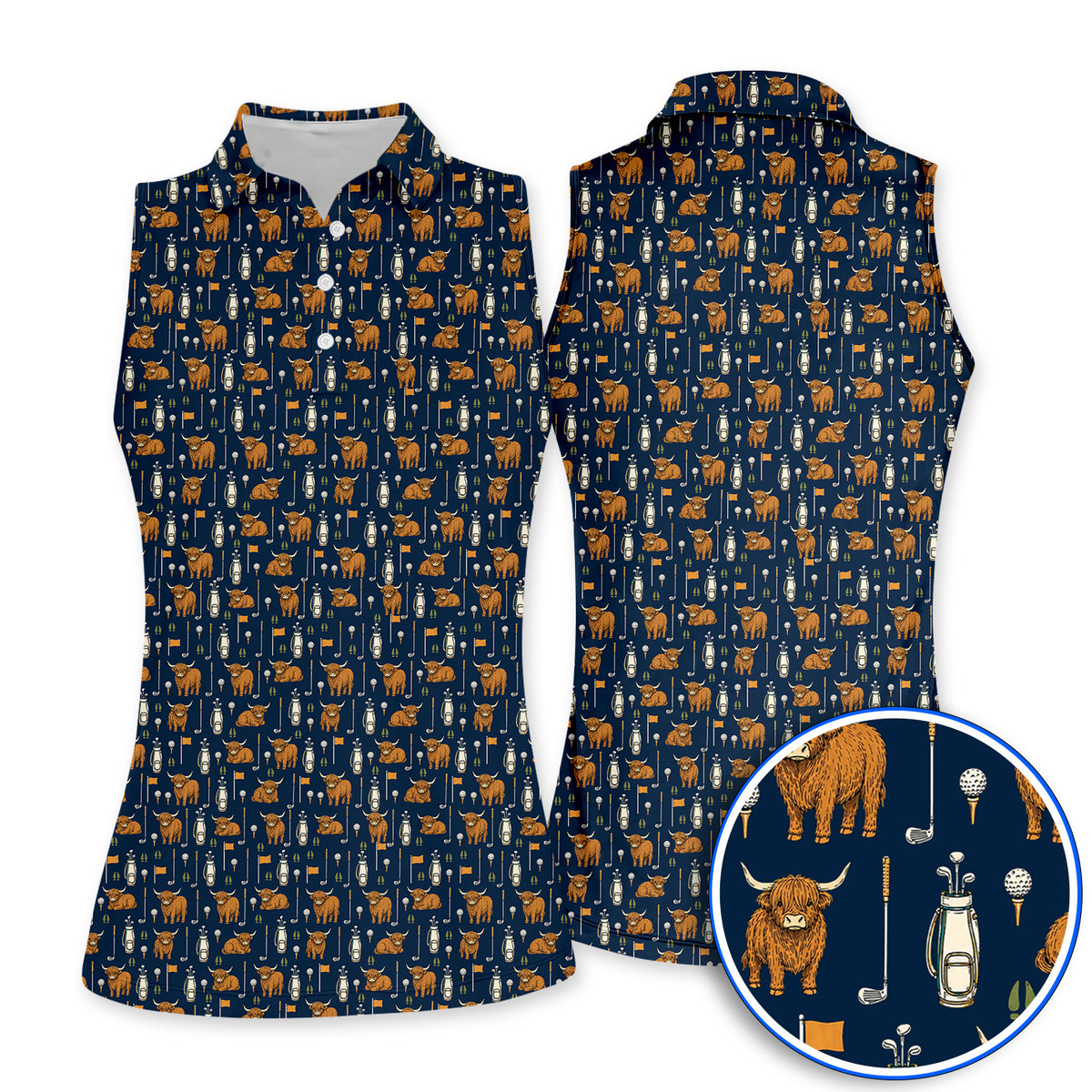 Highland Cow Fairway Polos, Highland Cow Golf Pattern Shirt, Golf Gift For Golfer