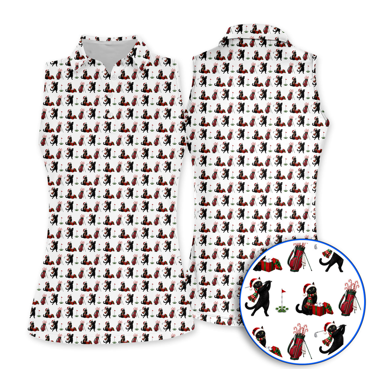 Black Cat Christmas Golf Polos, Festive Cat Patterm Golf Shirt, Funny Holiday Golf Gift For Golfer