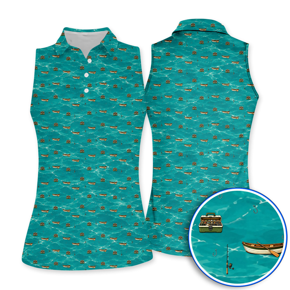 Fishing Pattern Golf Polos, Fishing Boat With Tackle Pattern Golf Shirt, Unique Fishing Gift for Fishermen And Golfer