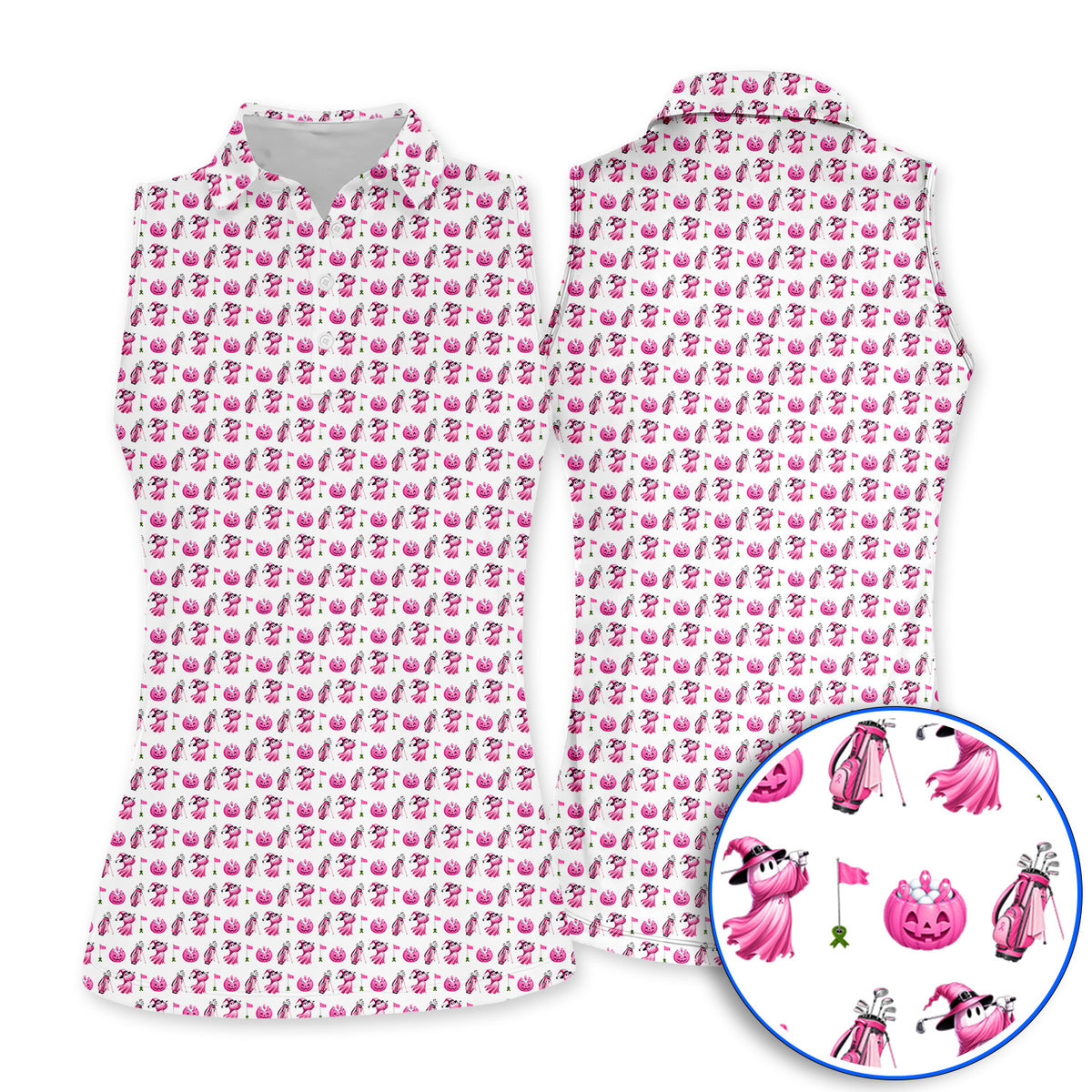 Pink Pumpkin Swing Breast Cancer Awareness Golf Shirt, Halloween Golf & Pink Ribbon Pattern Polos, October Golf Gift For Golfer