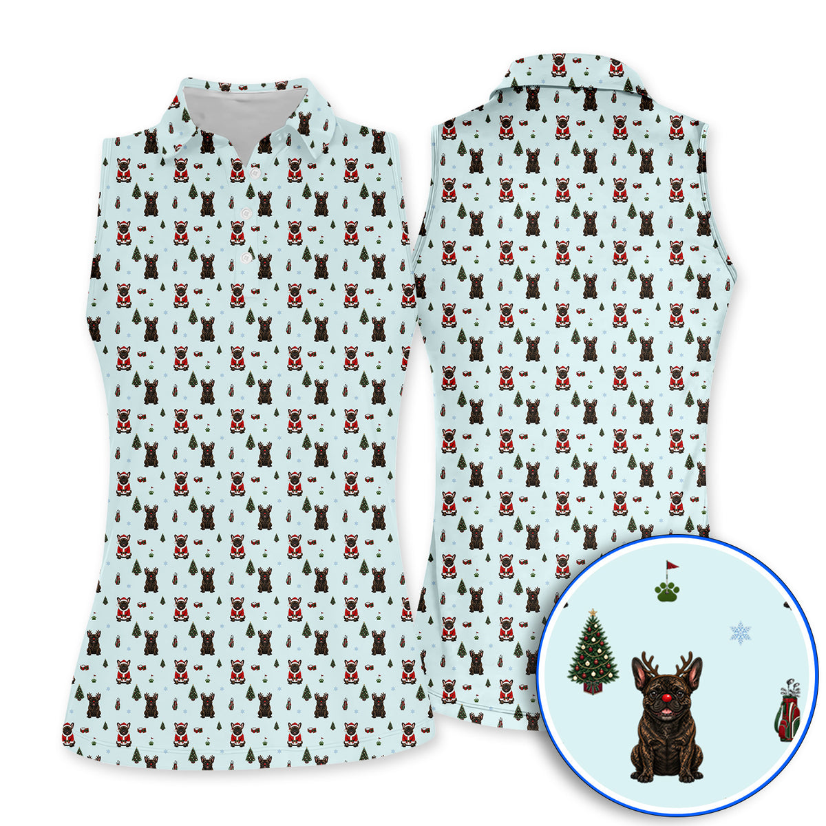 Reindeer French Bulldog Christmas Golf Polos, Festive Dog Holiday Pattern Golf Shirt, Xmas Golf Gift for Golfers