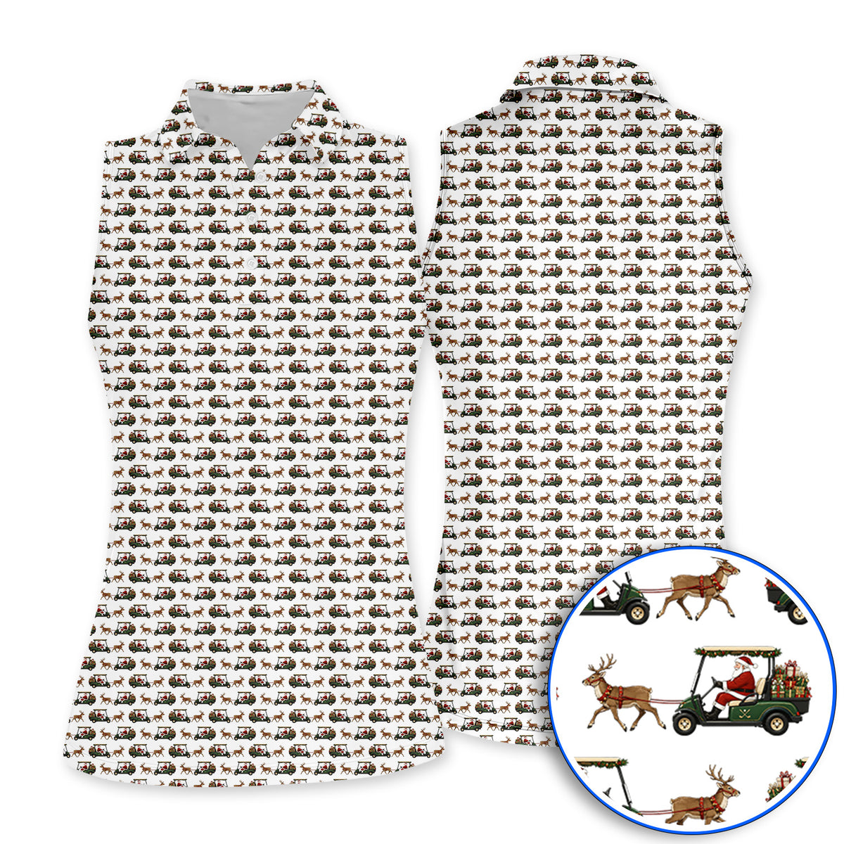 Santa Reindeer Golf Cart Polos, Xmas Pattern Golf Shirt, Crazy Christmas Golf Gift