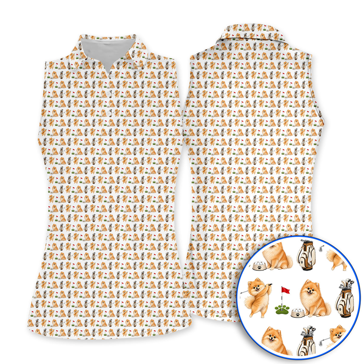 Pomeranian Pattern Golf Polos, Pomeranian Dog Golf Shirt, Golf Gift For Golfer