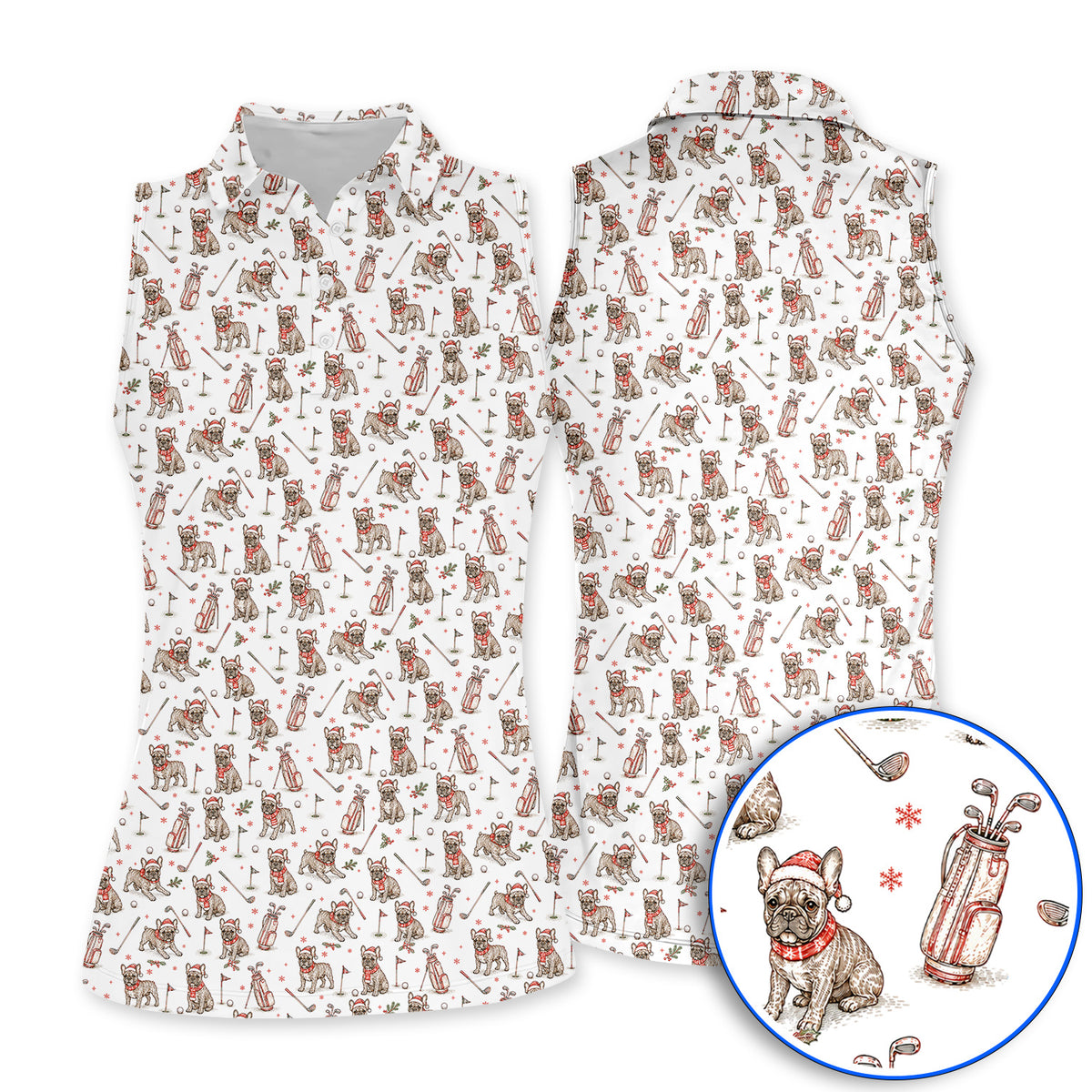 French Bulldog Christmas Golf Polos, Vintage Holiday Dog Pattern Golf Shirt, Xmas Golf Gift for Golfers