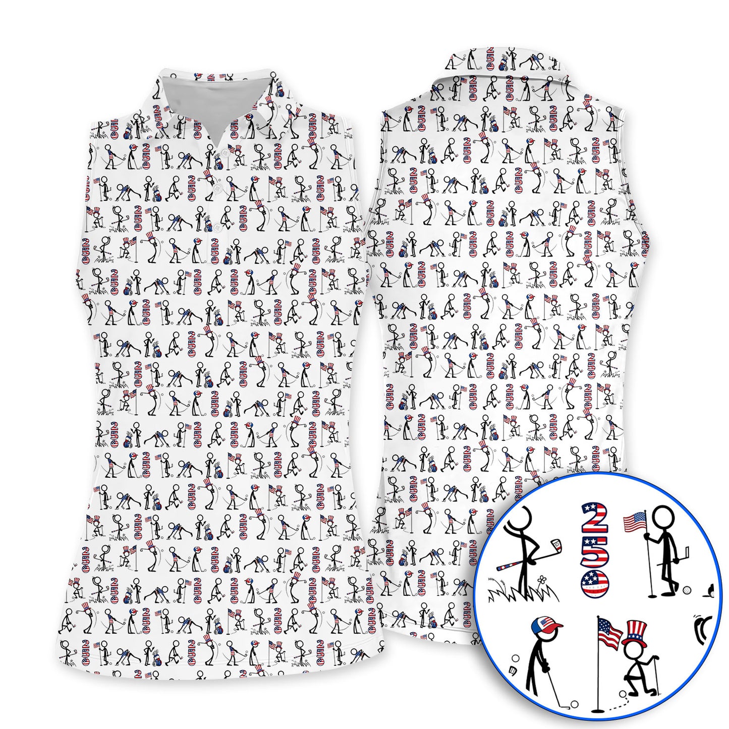 USA 250 Casual Patriotic Golf Shirt, Stick Figure Golfer Pattern Golf Polos, Funny Golf Shirts Gor Golfer