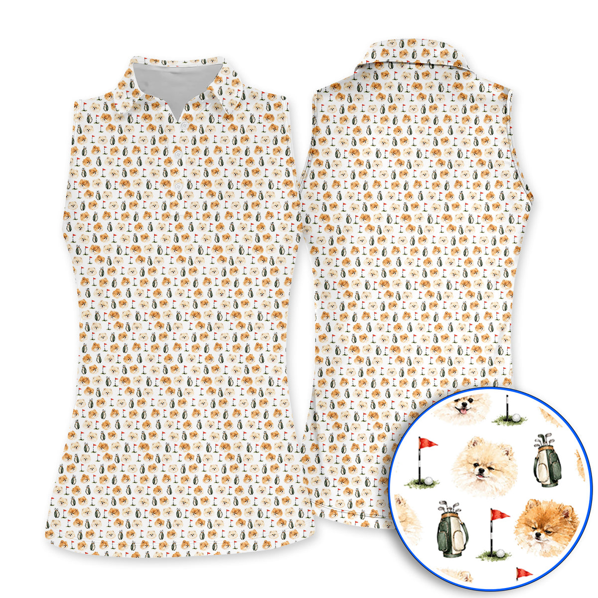 Pomeranian Golf Shirt, Fluffy Pom Dog & Golf Pattern Polos, Funny Golf Gift For Golfer