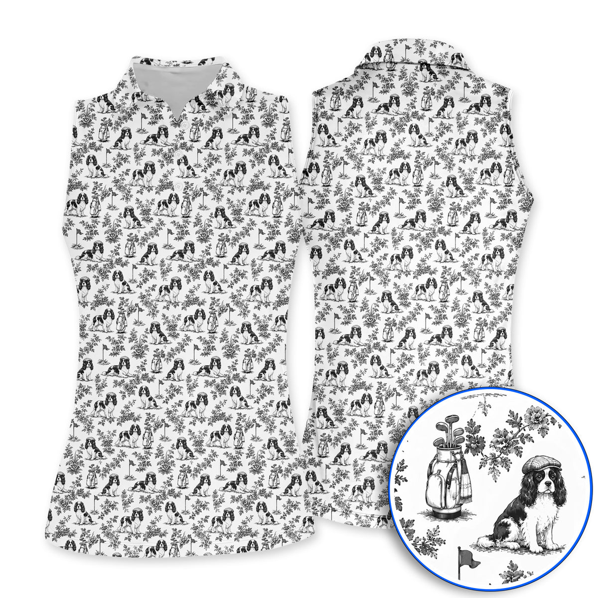 Funny Cavalier King Charles Spaniel Golf Polos, Toile de Jouy Cavalier Pattern Golf Shirt, Golf Gift For Golfer