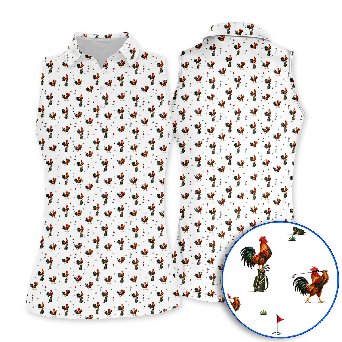 Rooster Golf Swing Shirt, Rooster Pattern Golf Polos For Chicken Lovers, Crazy Golf Gift For Golfers