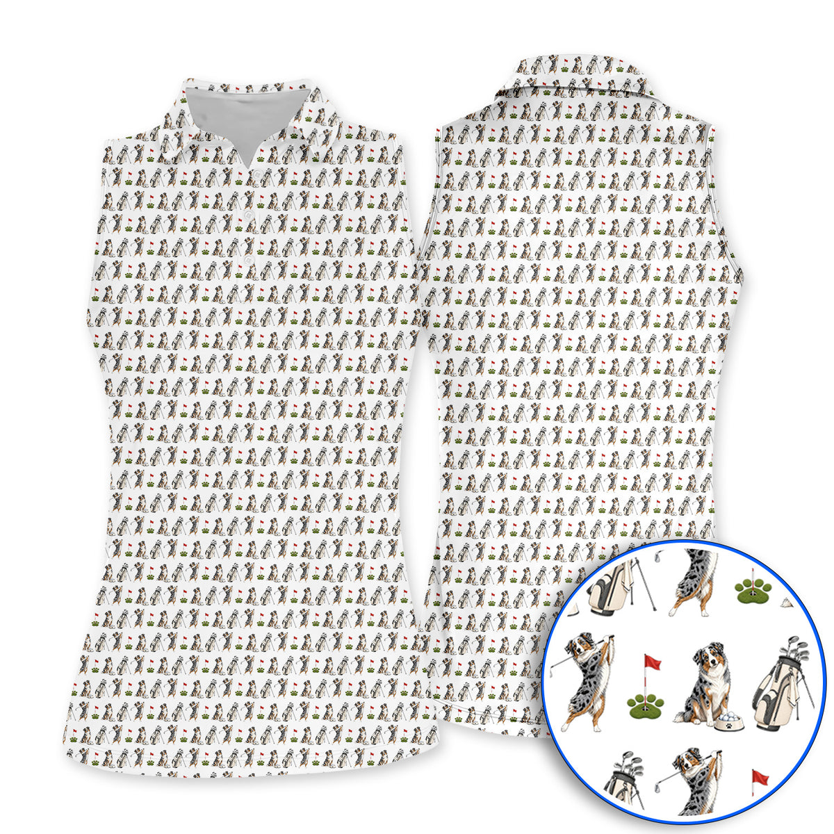 Australian Shepherd Pattern Golf Polos, Aussie Dog Golf Shirt, Crazy Golf Gift For Golfer