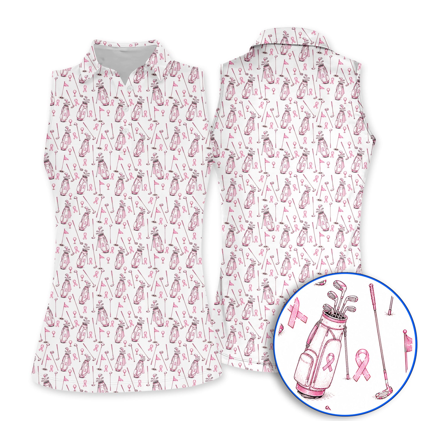 Breast Cancer Pattern Golf Shirt, Pink Ribbon Golf Polos for Golf Lovers, Support Breast Cancer Awareness Gift