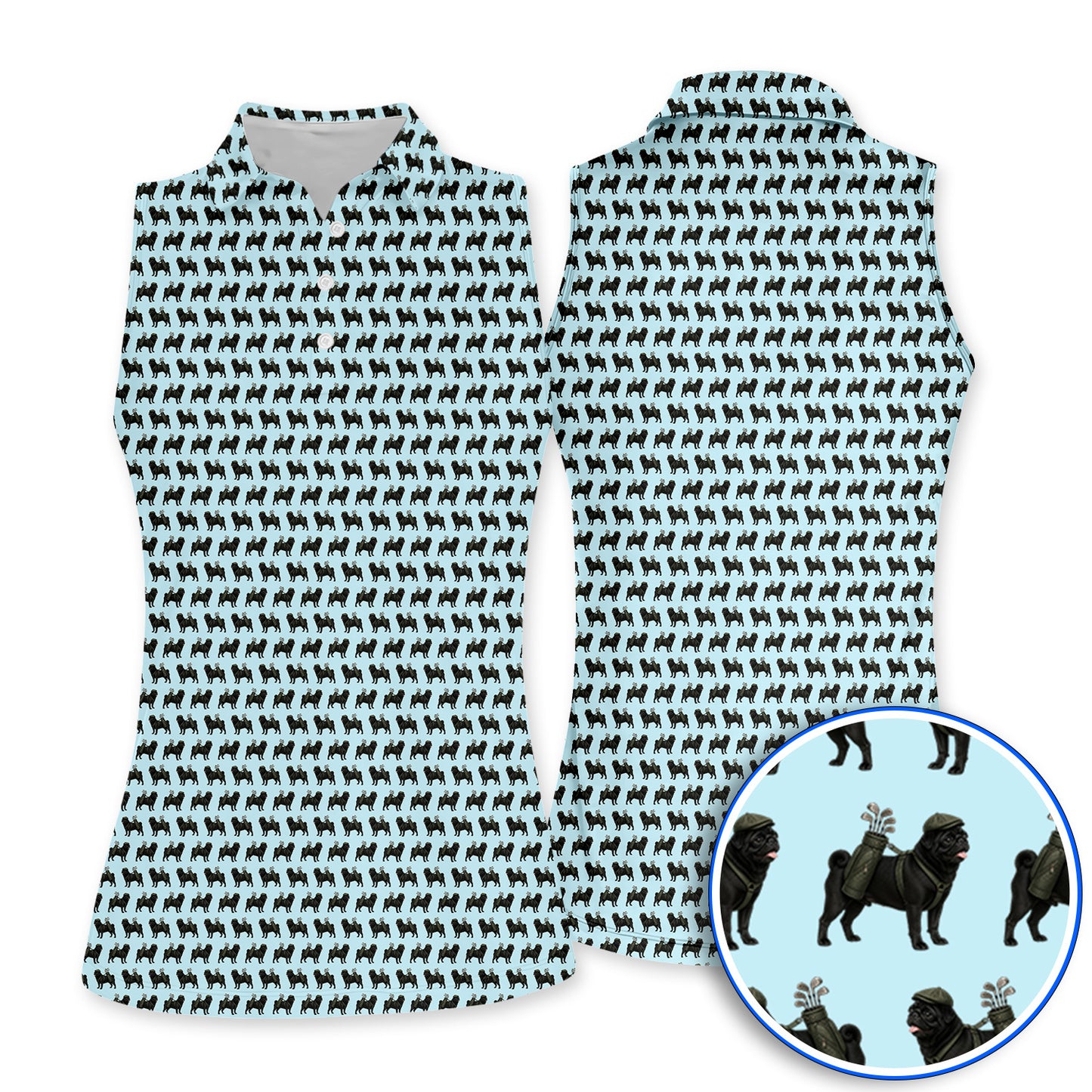 Black Pug Pattern Golf Polos, Funny Pug Golf Shirt, Golf Gift For Golfer