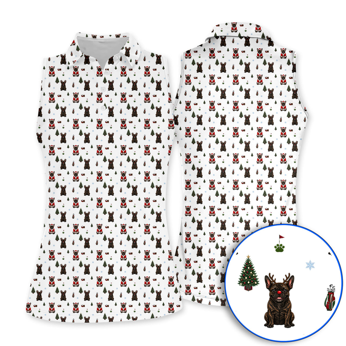 Reindeer French Bulldog Christmas Golf Polos, Festive Dog Holiday Pattern Golf Shirt, Xmas Golf Gift for Golfers