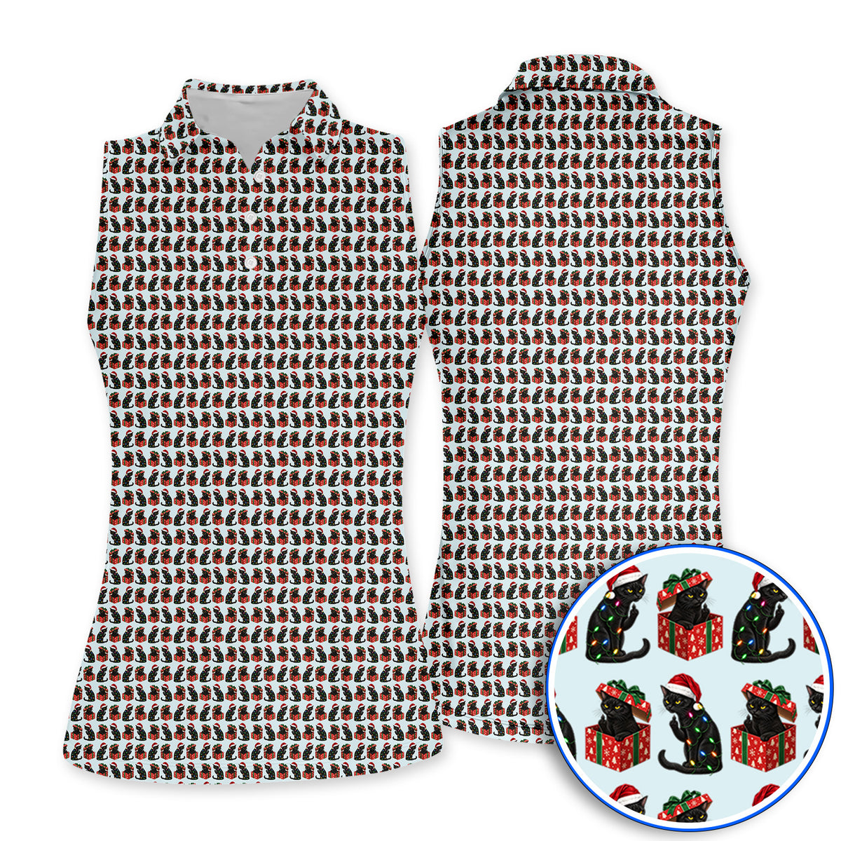 Black Cat Christmas Pattern Golf Polos, Funny Christmas Cat Golf Shirt, Holiday Gift for Cat Lovers
