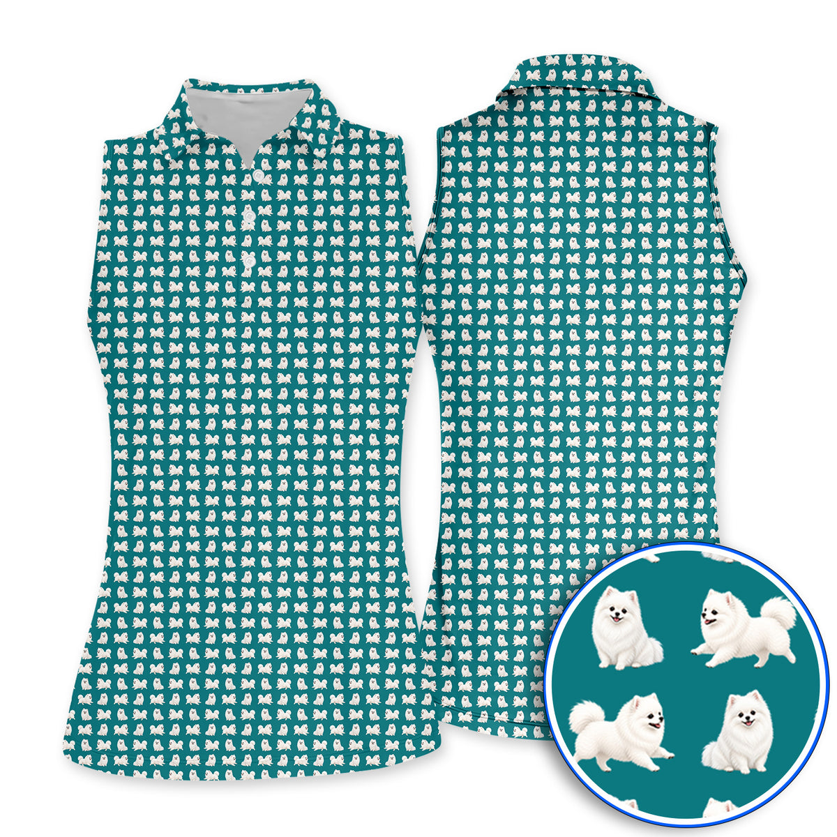 White Pomeranian Pattern Golf Polos, Cute Pomeranian Dog Golf Shirt, Crazy Golf Gift For Golfer