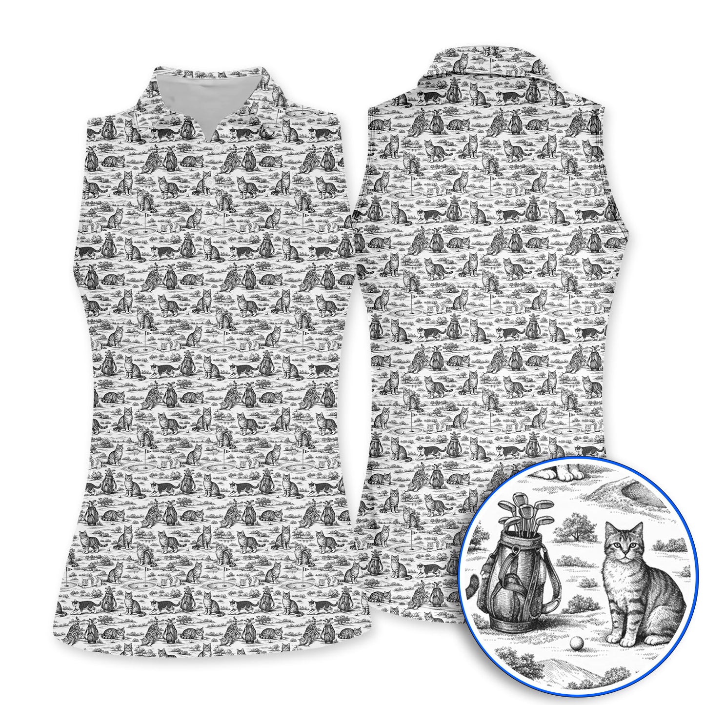 Toile De Jouy Pattern Golf Polos, Crazy Cat Golf Shirt For Golfer, Golf Gift For Pet Lover