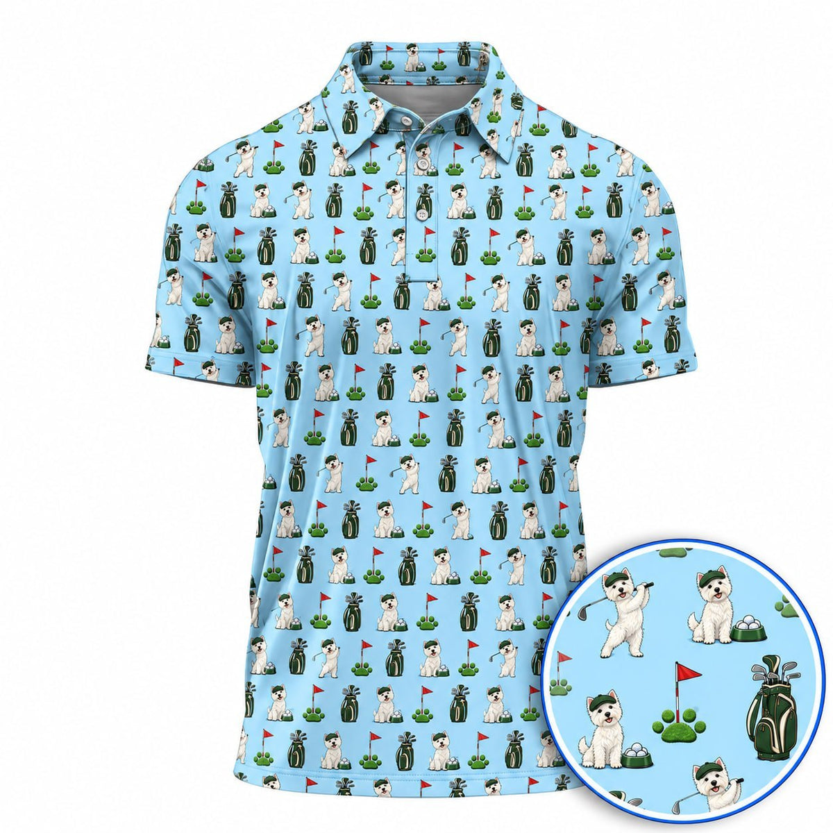 Crazy Westie Pattern Golf Polos, Westie Dog Golf Cart Shirt, Holiday Golf Gift for Golfers